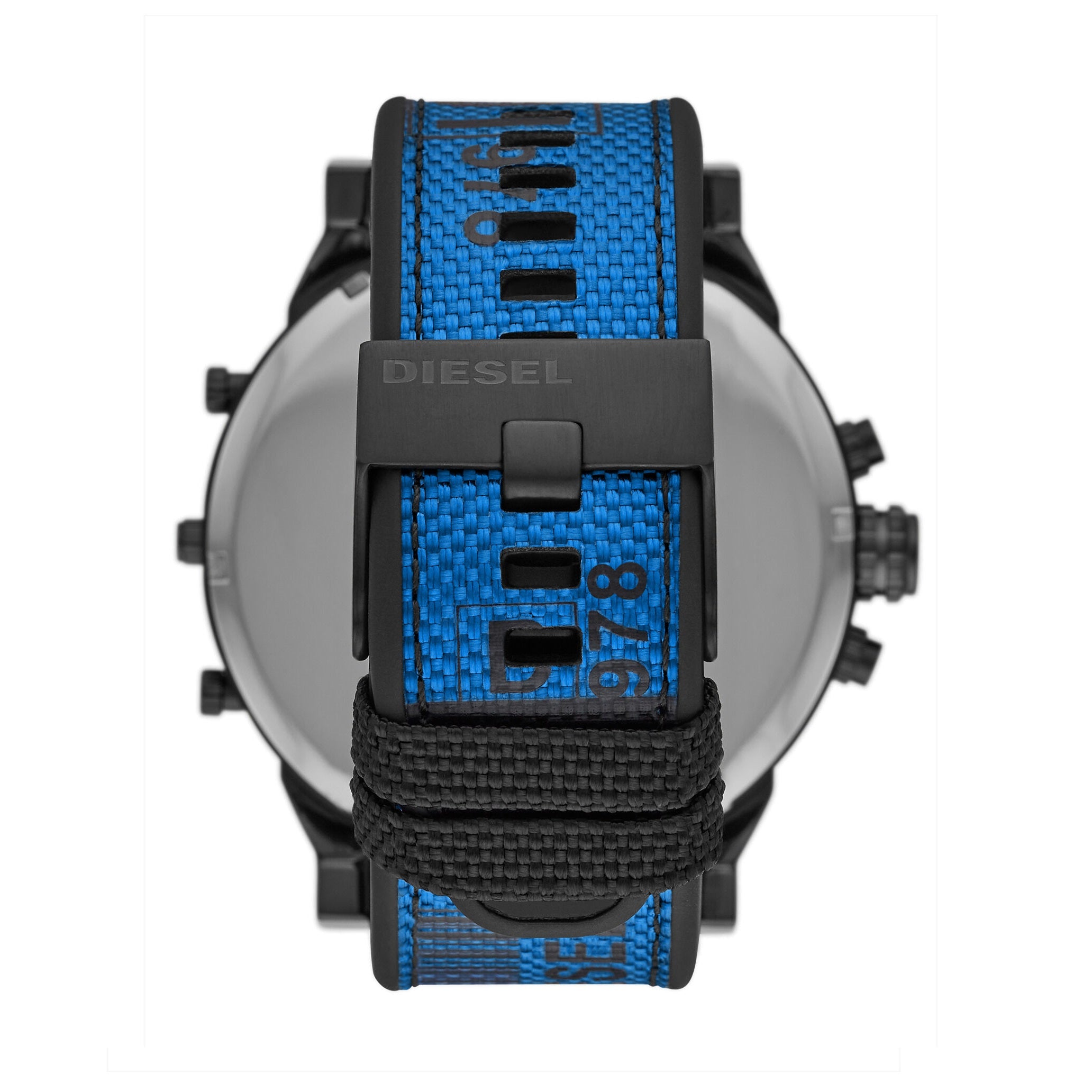Caseback view of Diesel Mr. Daddy 2.0 DZ7434 with blue and black textile strap