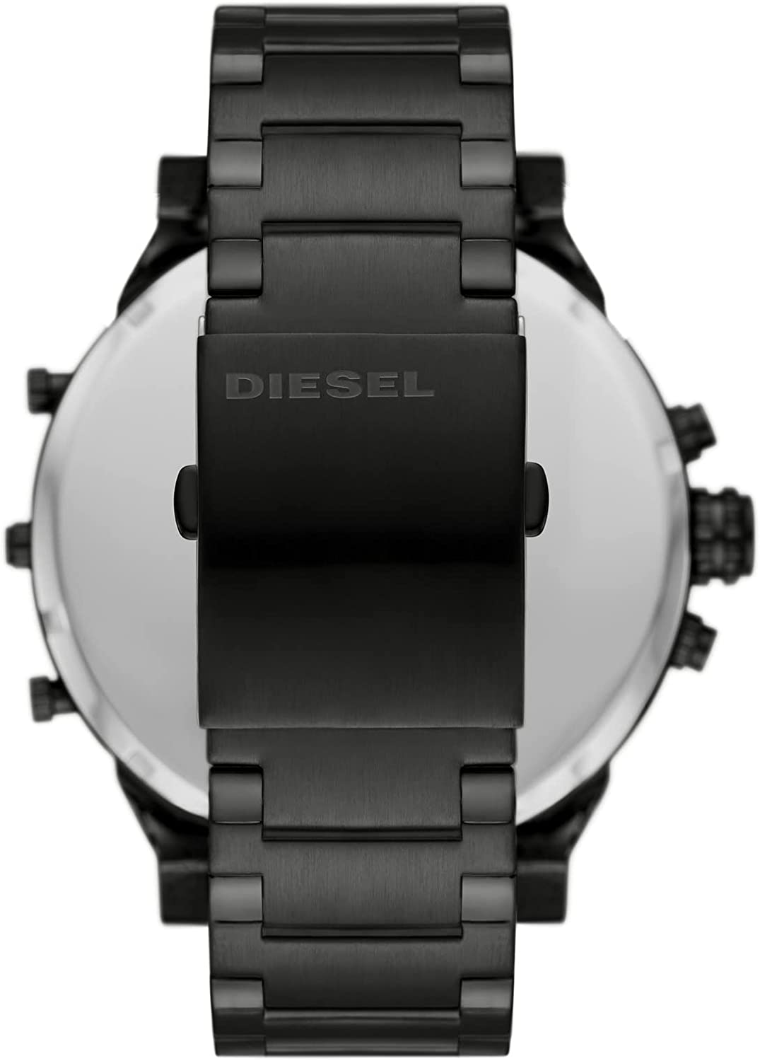 Diesel Mr. Daddy 2.0 caseback showing black stainless steel bracelet and case construction