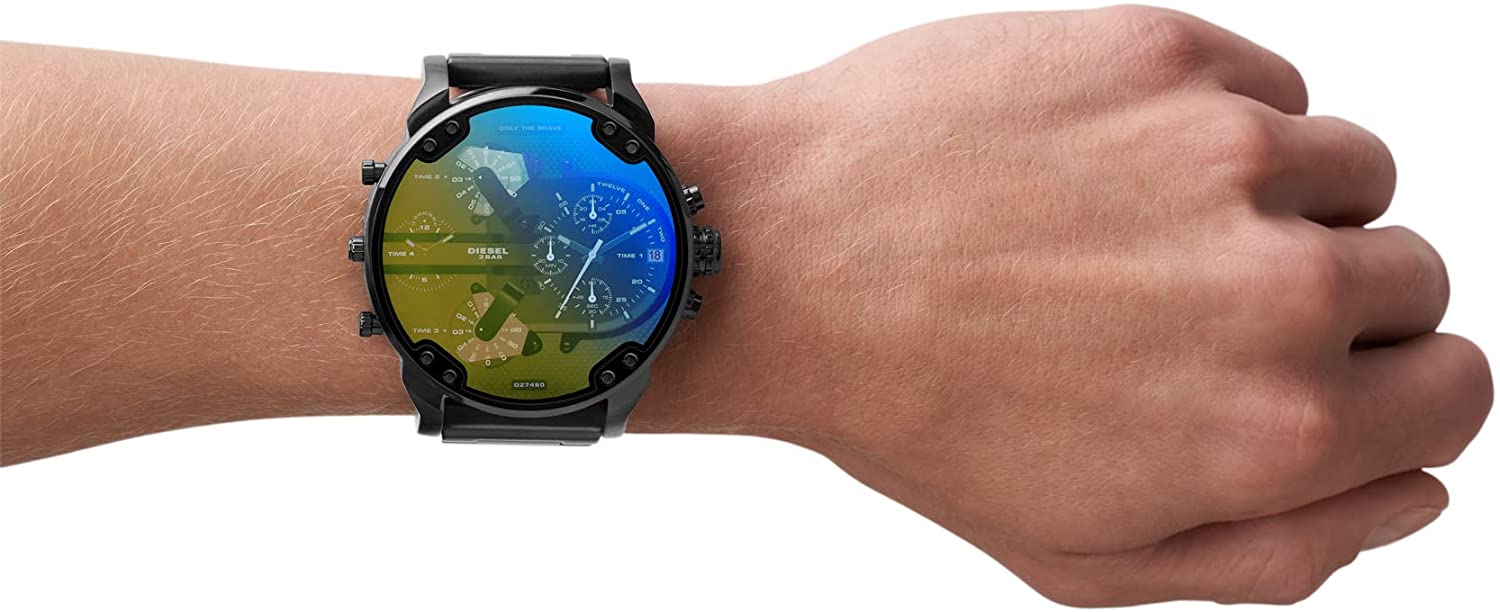 Diesel Mr. Daddy 2.0 multi-movement watch worn on wrist with black stainless steel bracelet