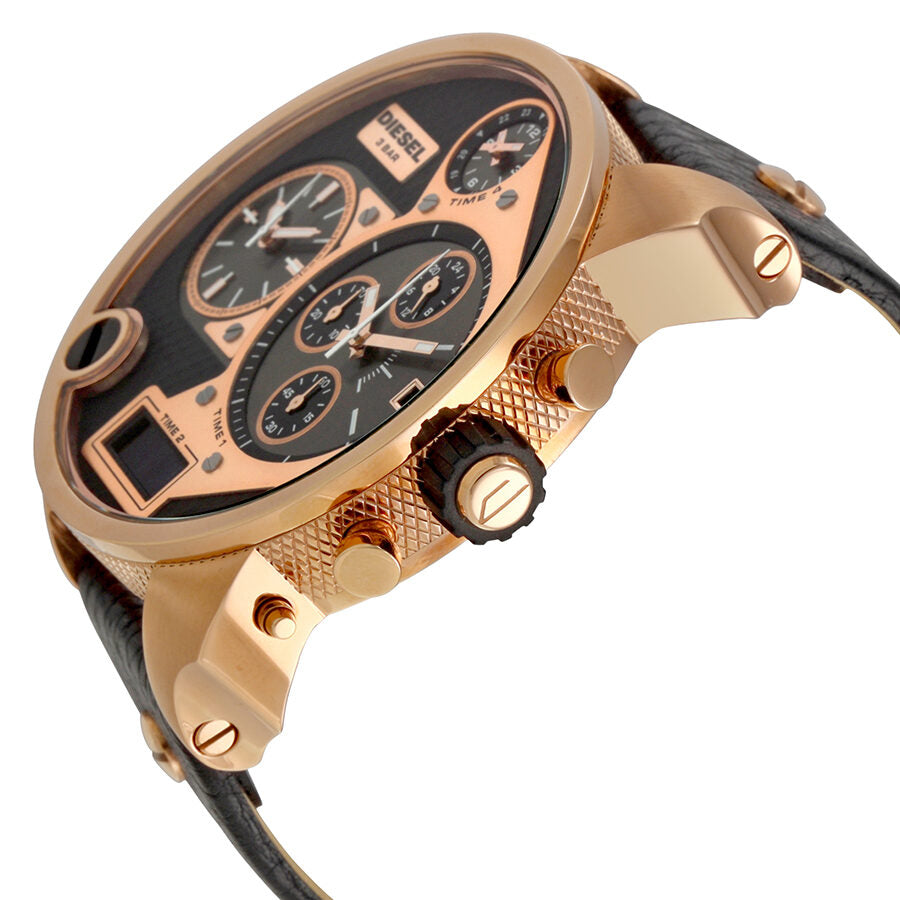 Angled view of Diesel My Daddy DZ7261 showing rose gold case with dual time zone subdials and leather strap