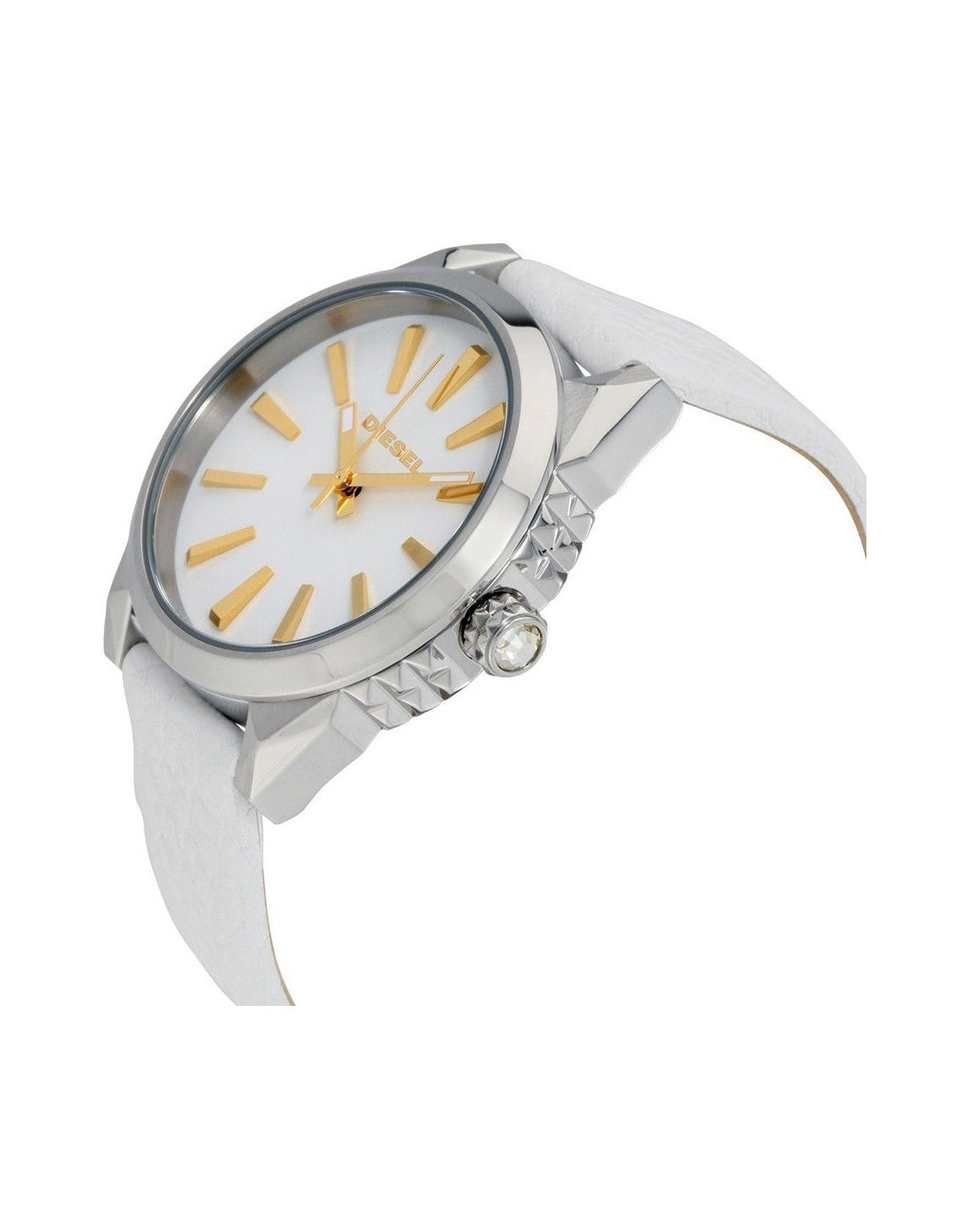 Diesel Nuki DZ5501 women's watch at angle showing silver case and white strap