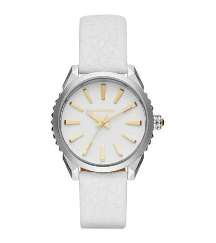 Diesel Nuki DZ5501 women's watch front view with white dial and gold accents
