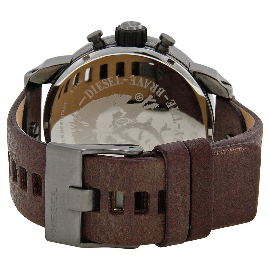 Diesel Only The Brave watch caseback view with brown leather strap and deployment clasp