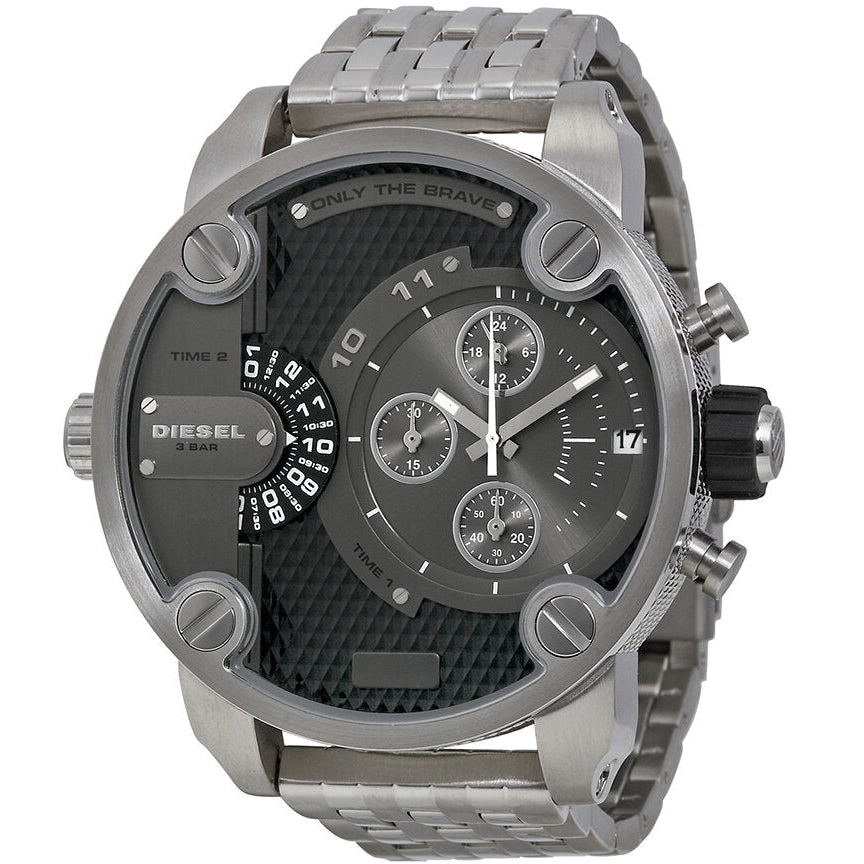 Diesel SBA DZ7259 grey dial chronograph watch with dual time display and steel bracelet