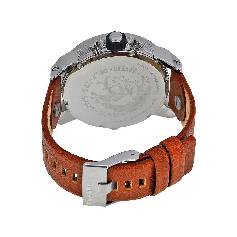 Diesel SBA watch caseback showing stainless steel engraved case back and brown leather strap
