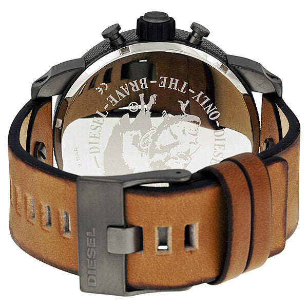 Diesel SBA caseback showing brown leather strap and gunmetal ion-plated case with engravings