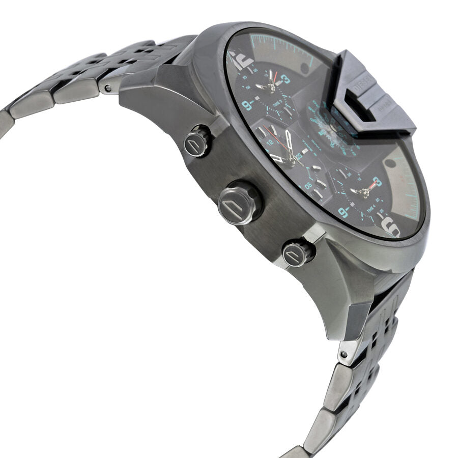 Side angle view of Diesel Uber Chief dual time watch showing gunmetal case and stainless steel bracelet