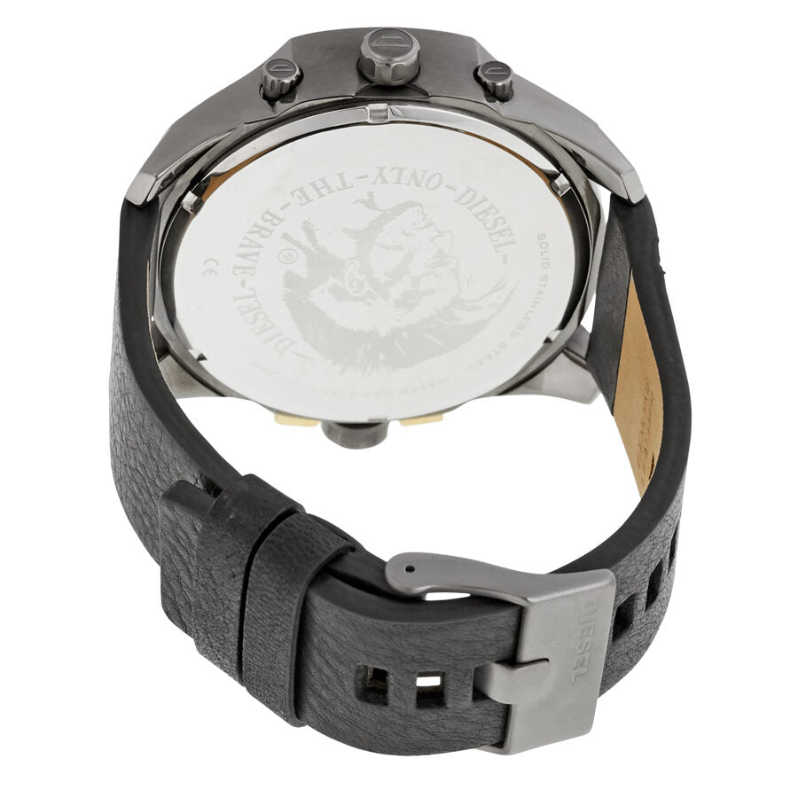 Caseback of Diesel Uber Chief with engraved dial and black leather strap