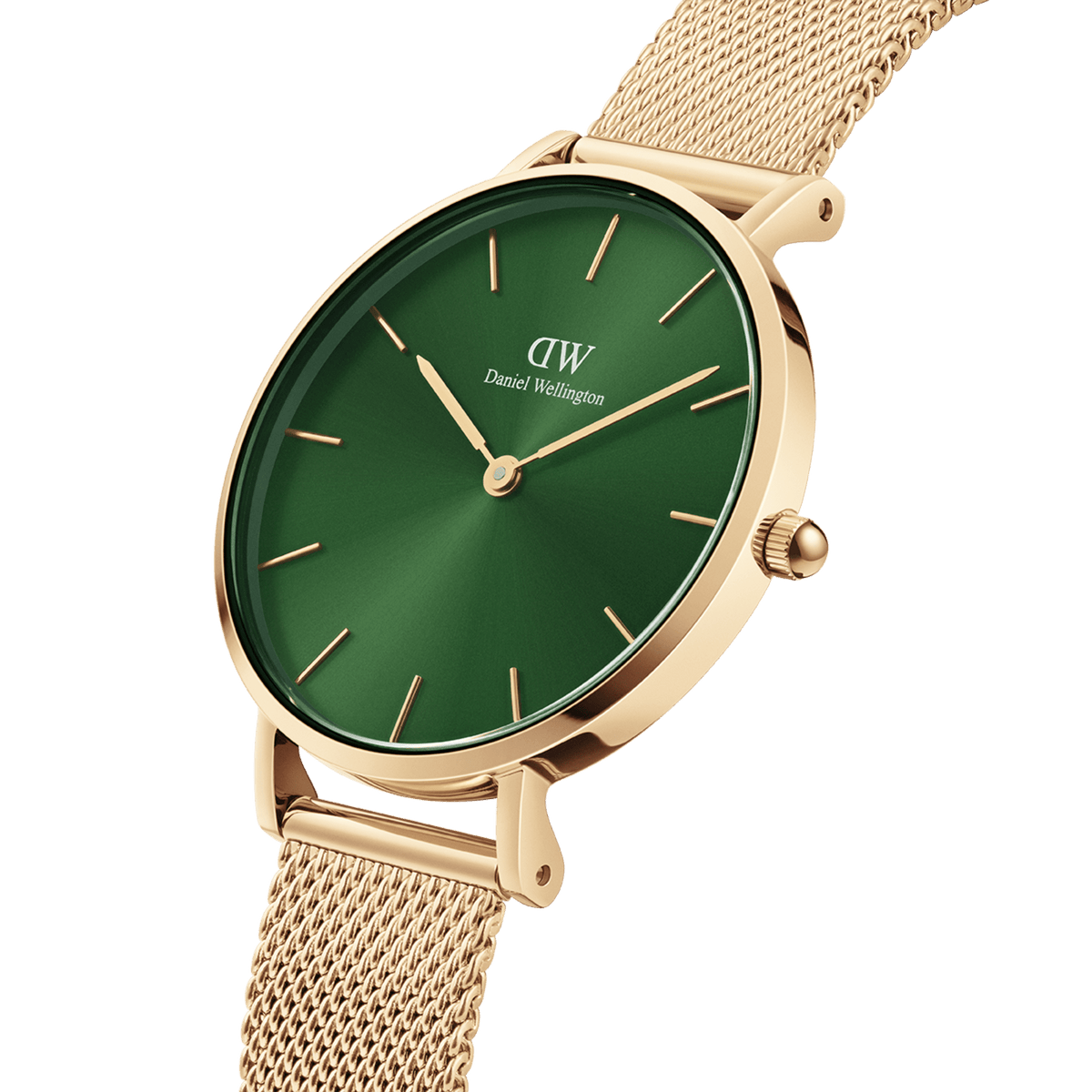Side angle view of Daniel Wellington Petite Emerald watch with green dial and gold strap