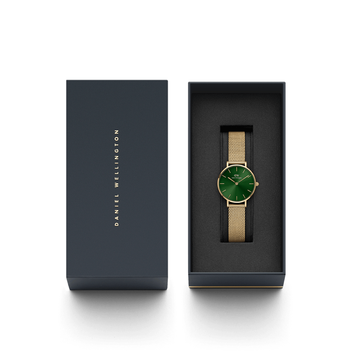 Daniel Wellington Petite Emerald watch in brand packaging box with green dial