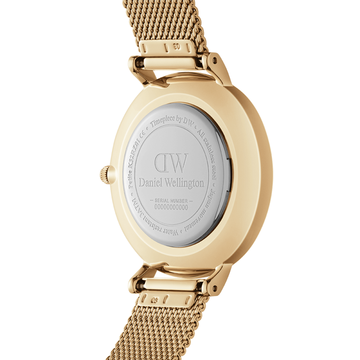 Caseback of Daniel Wellington Petite Emerald watch showing engraved text and model number