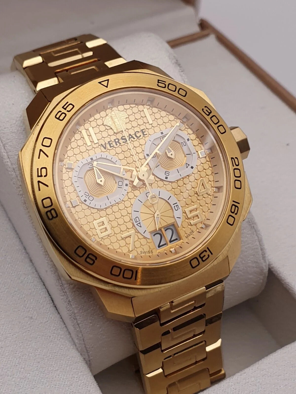 Versace Dylos Chronograph Gold Dial Gold Steel Strap Men Watch - VQC040015
