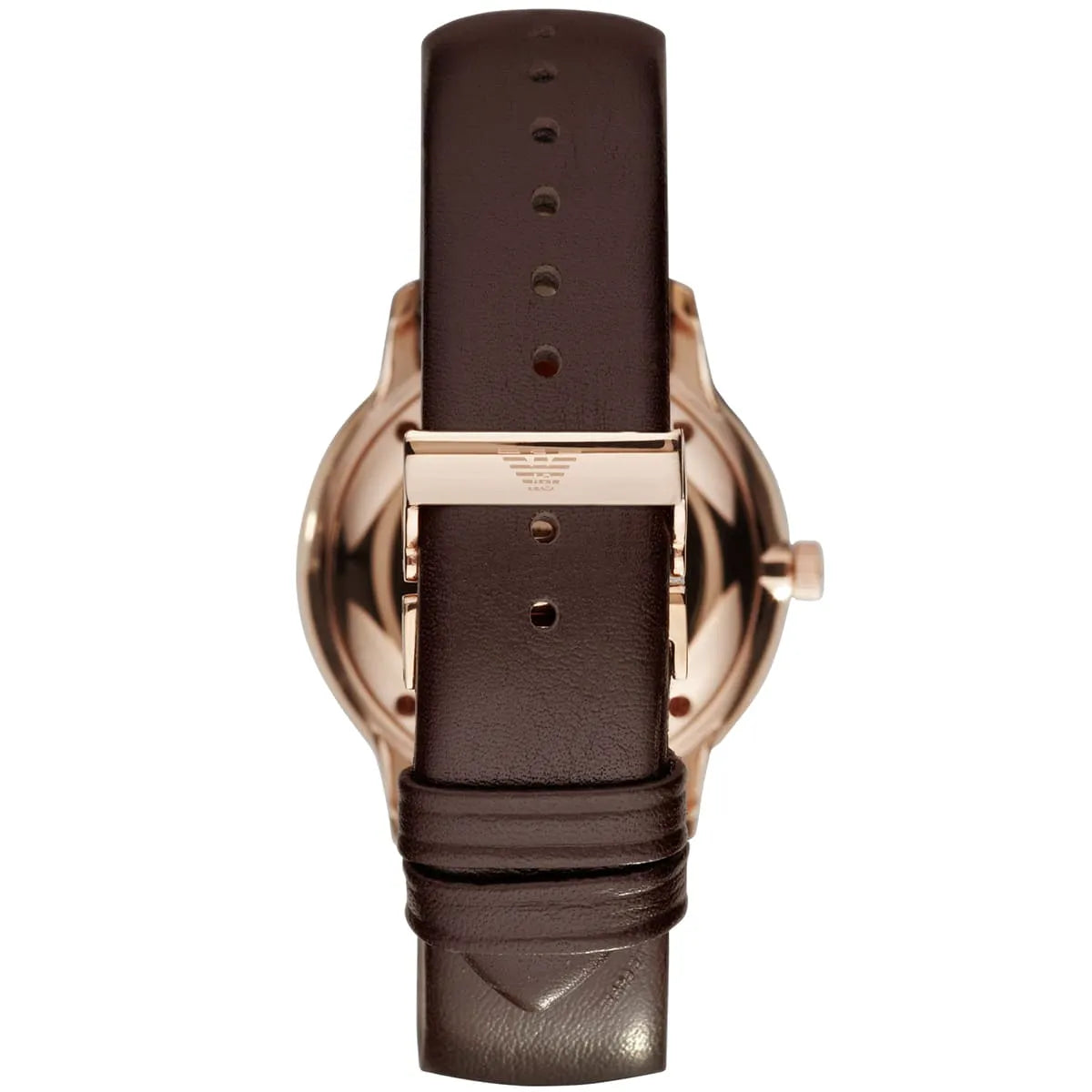 Emporio Armani AR0383 watch caseback showing brown leather strap and buckle