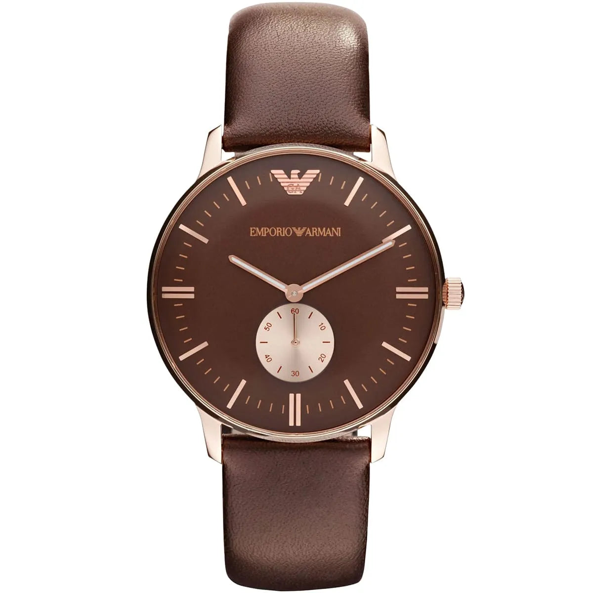 Emporio Armani AR0383 classic watch with rose gold case and brown leather strap
