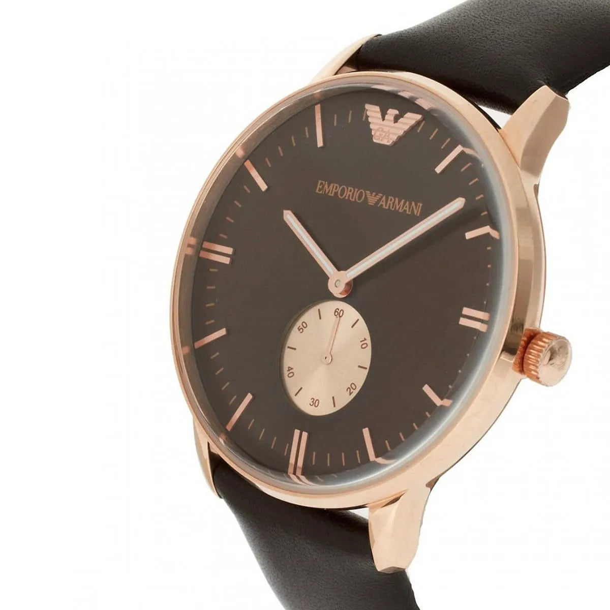Emporio Armani AR0383 watch on wrist showing brown dial and rose gold case