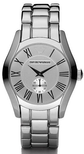 Emporio Armani AR0647 silver dial with Roman numerals and steel bracelet, front view