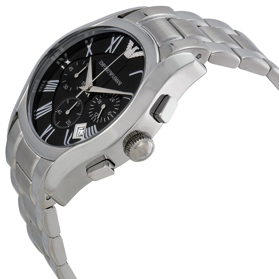 Side angle view of Emporio Armani AR0673 watch showing stainless steel case and chronograph subdials