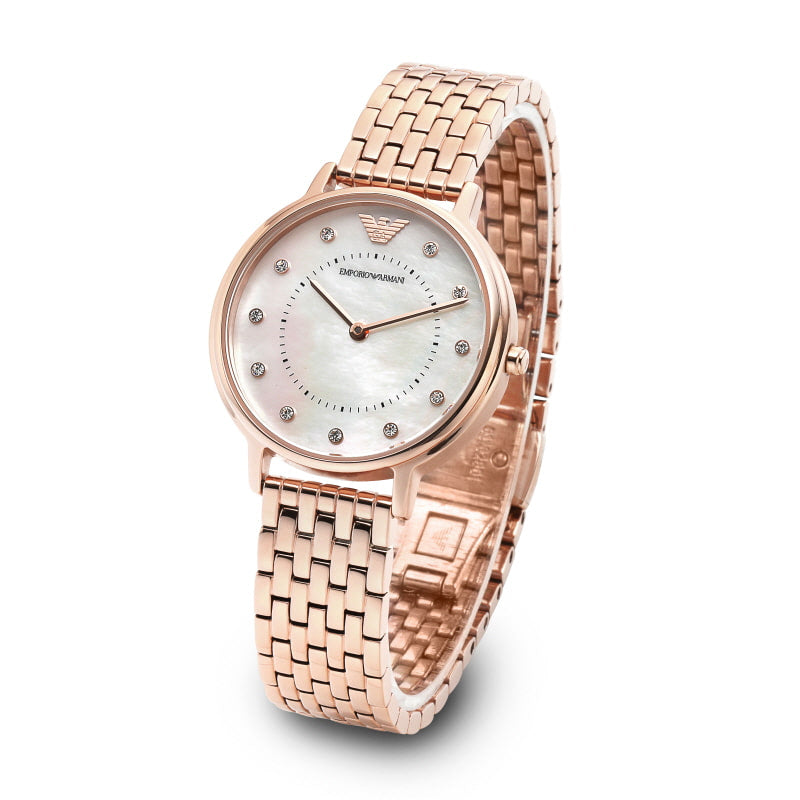 Emporio Armani AR11006 rose gold watch with mother-of-pearl dial, angled view