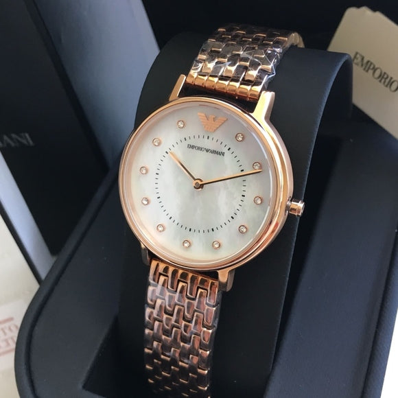 Emporio Armani AR11006 women's watch displayed with product packaging box