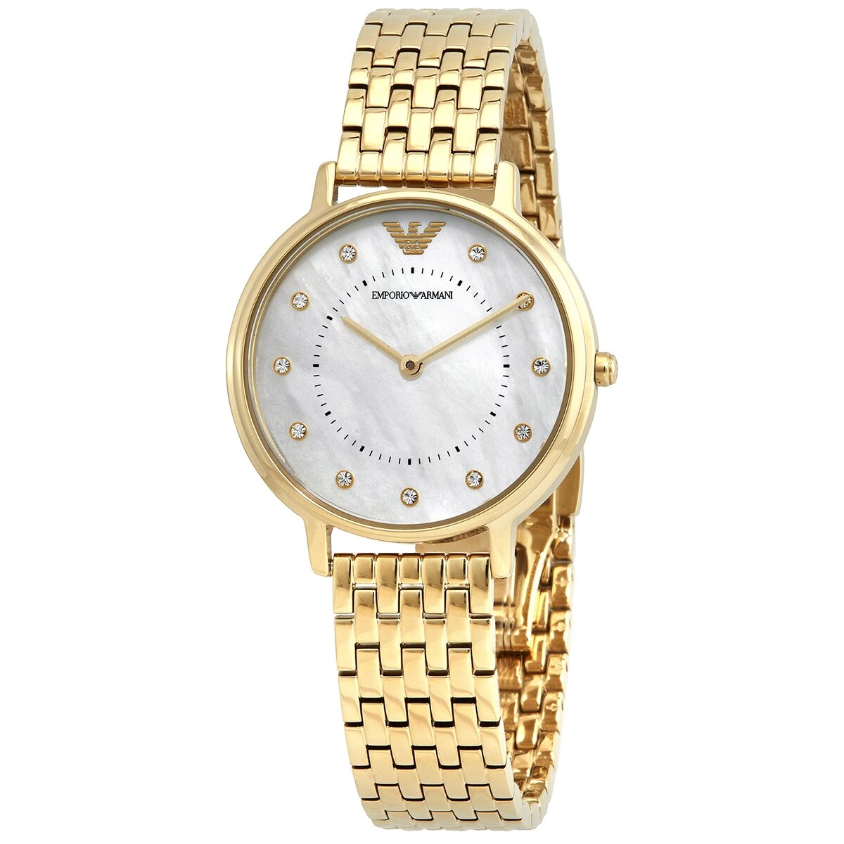 Emporio Armani AR11007 gold-tone ladies watch with white mother of pearl dial and crystal markers
