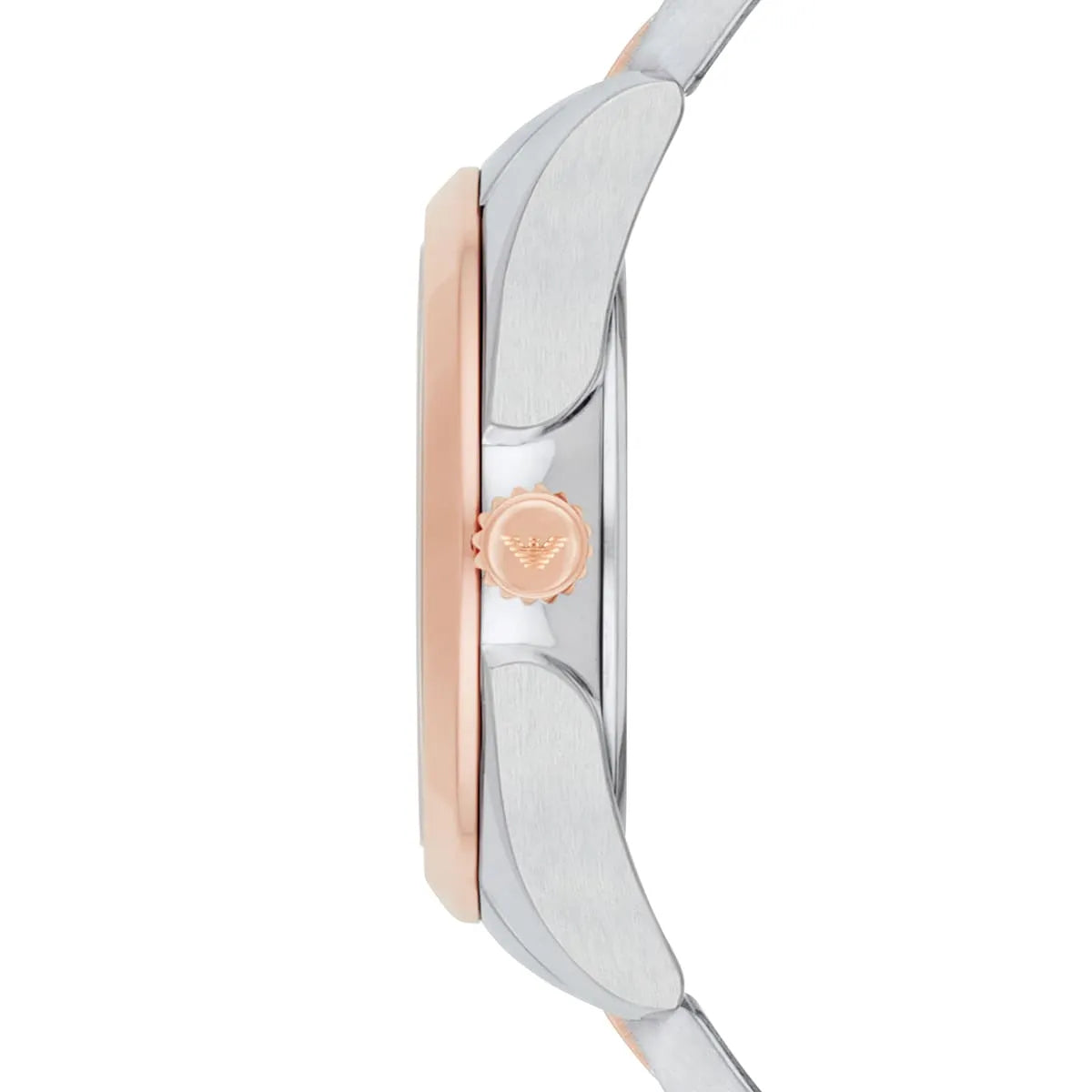 Side profile of AR11029 showing rose gold bezel and two-tone stainless steel bracelet