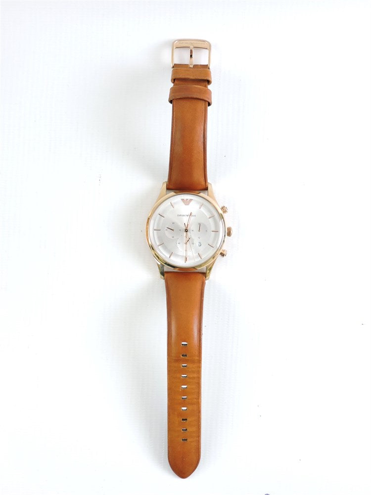 Emporio Armani AR11043 watch on wrist showing full strap and rose gold case