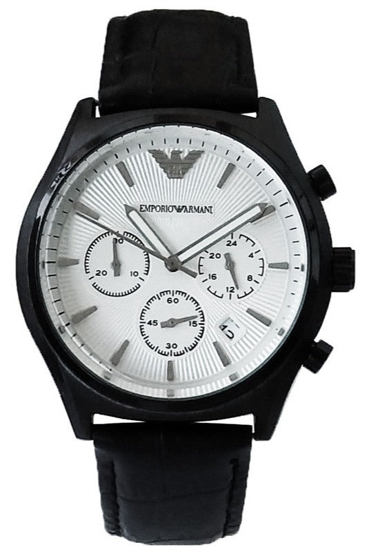 Emporio Armani AR11048 chronograph watch with silver dial, three subdials, and black rubber strap