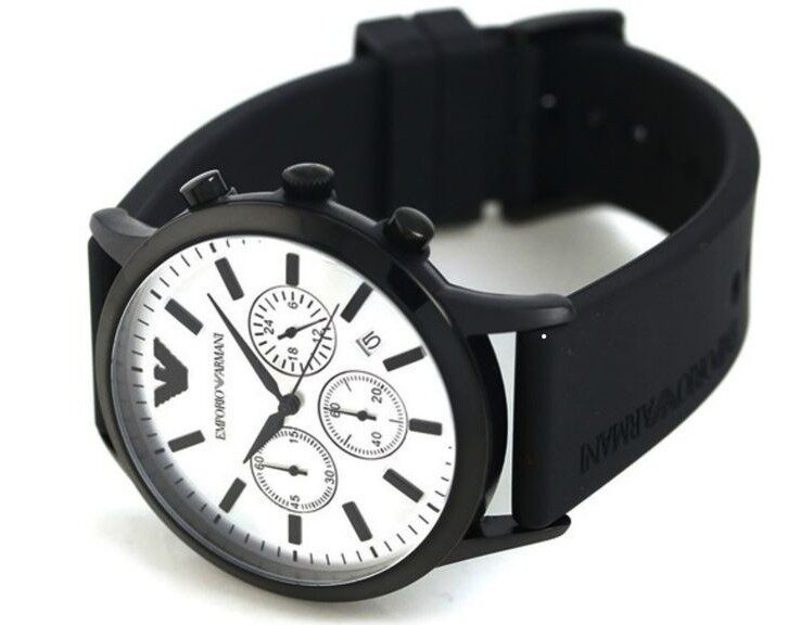 Emporio Armani AR11048 chronograph watch worn on wrist with black rubber strap