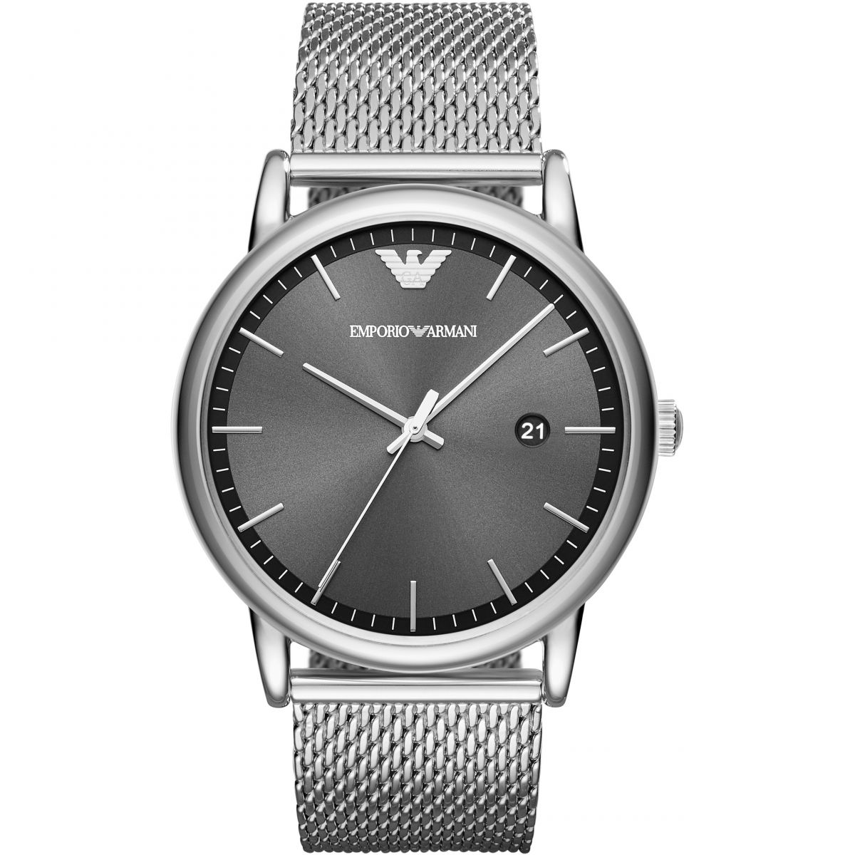 Emporio Armani AR11069 steel mesh watch with dark grey dial and date window