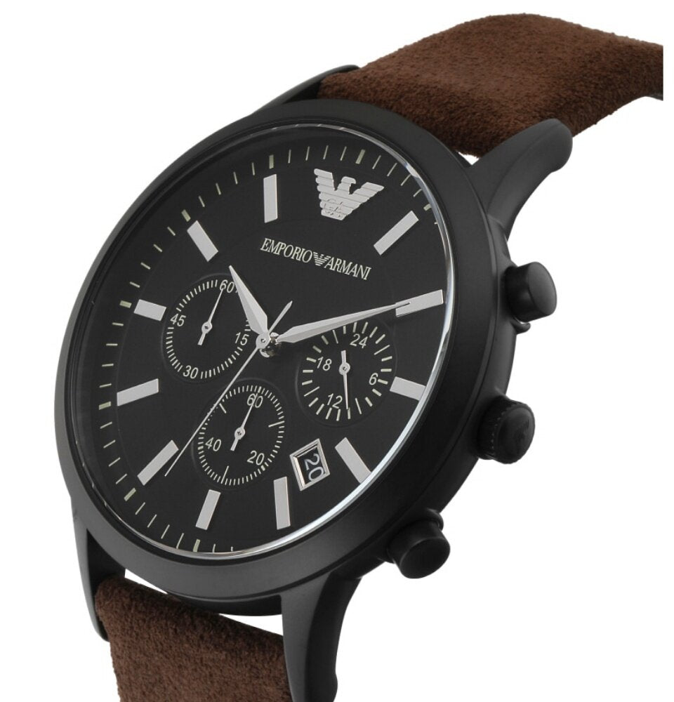 Emporio Armani AR11078 chronograph watch at angle with brown leather strap and black case