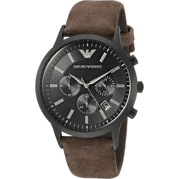 Emporio Armani AR11078 men's chronograph watch with black dial, three subdials, and brown strap
