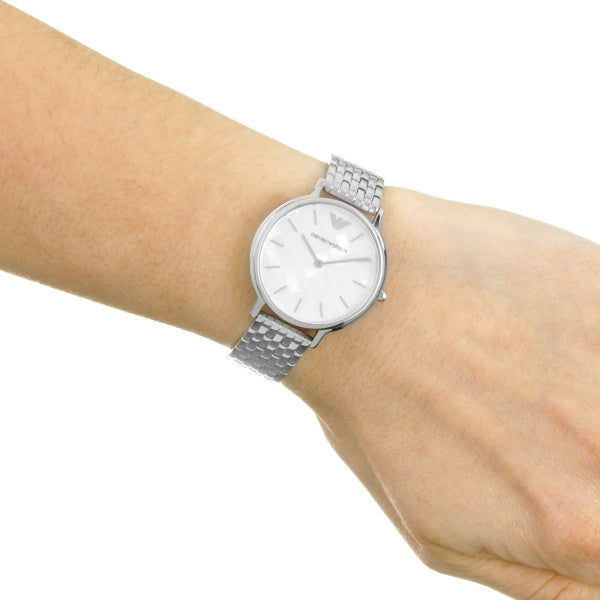 Emporio Armani AR11112 ladies watch on wrist showing elegant mother of pearl dial and bracelet fit
