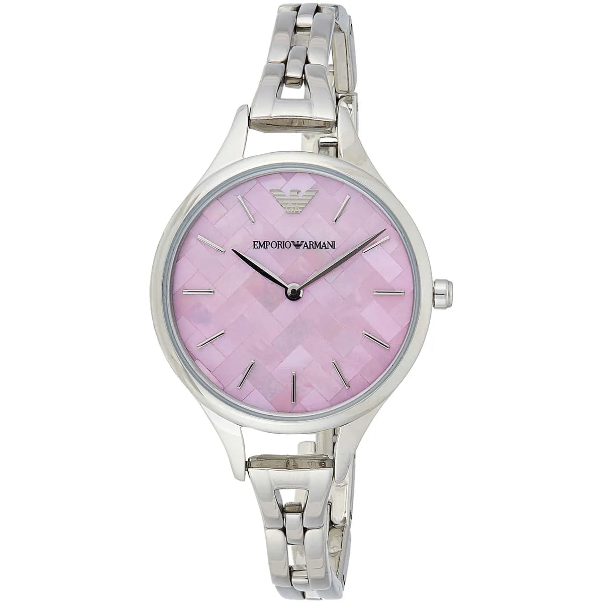 Emporio Armani Aurora watch angled view showing pink dial and steel bracelet