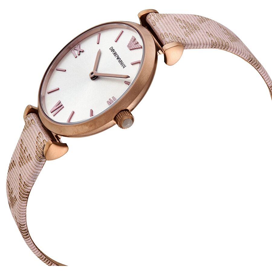 Emporio Armani AR11126 watch angled view showing rose gold case and beige textured leather strap