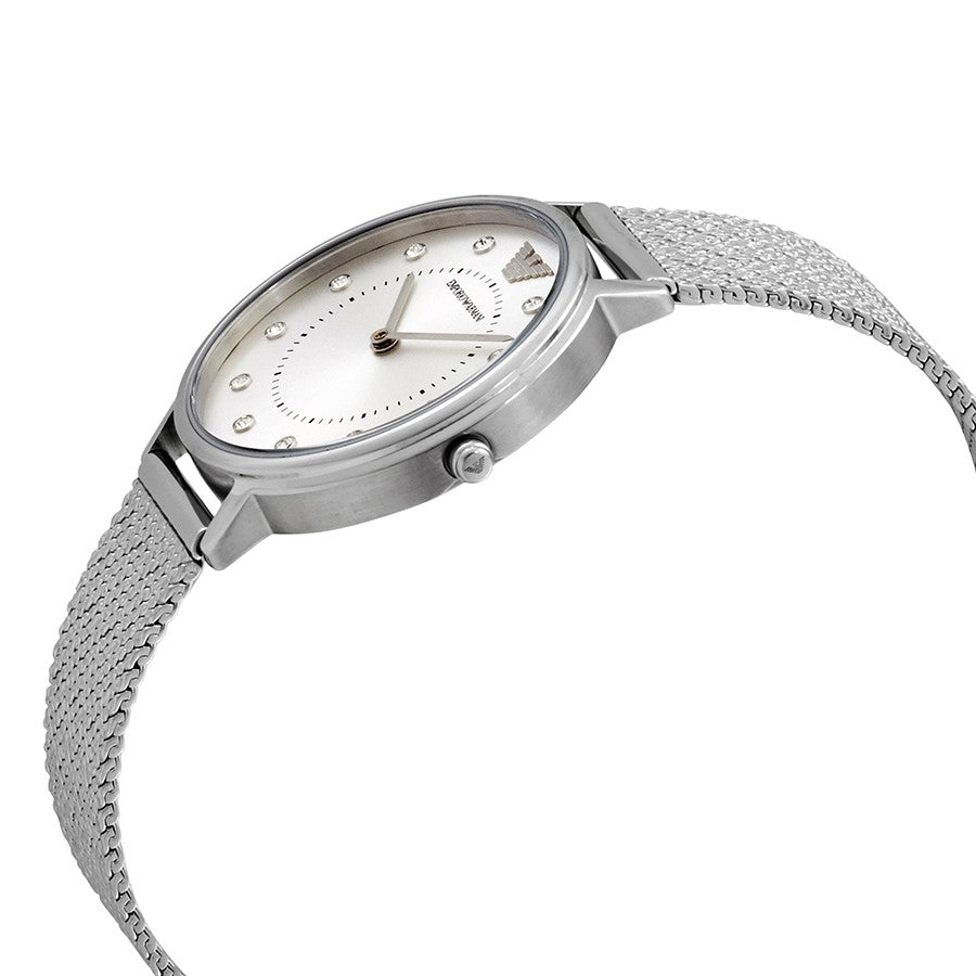 Side angle view of Emporio Armani AR11128 showing case and mesh strap