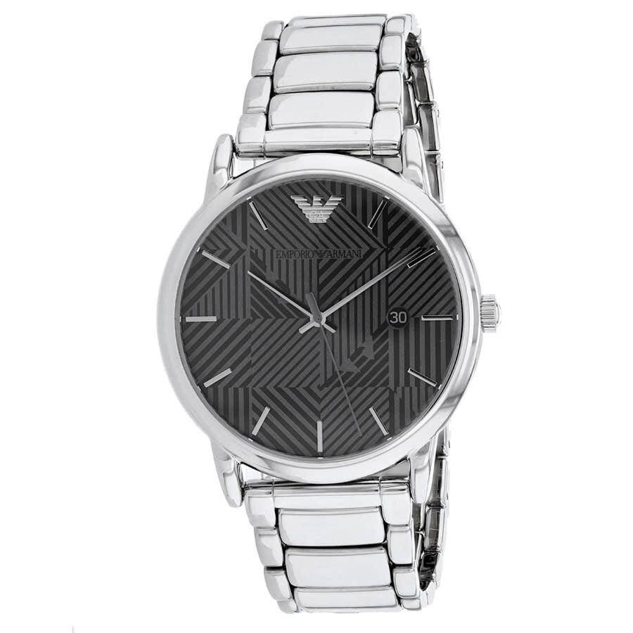Emporio Armani AR11134 watch with grey geometric dial and stainless steel bracelet, front view