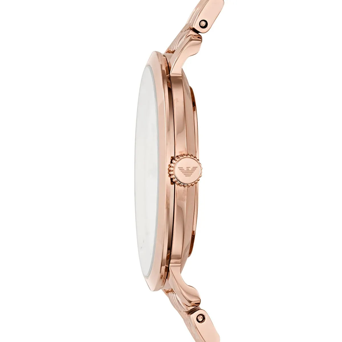 Emporio Armani AR11158 watch side view of case depth and rose gold bracelet