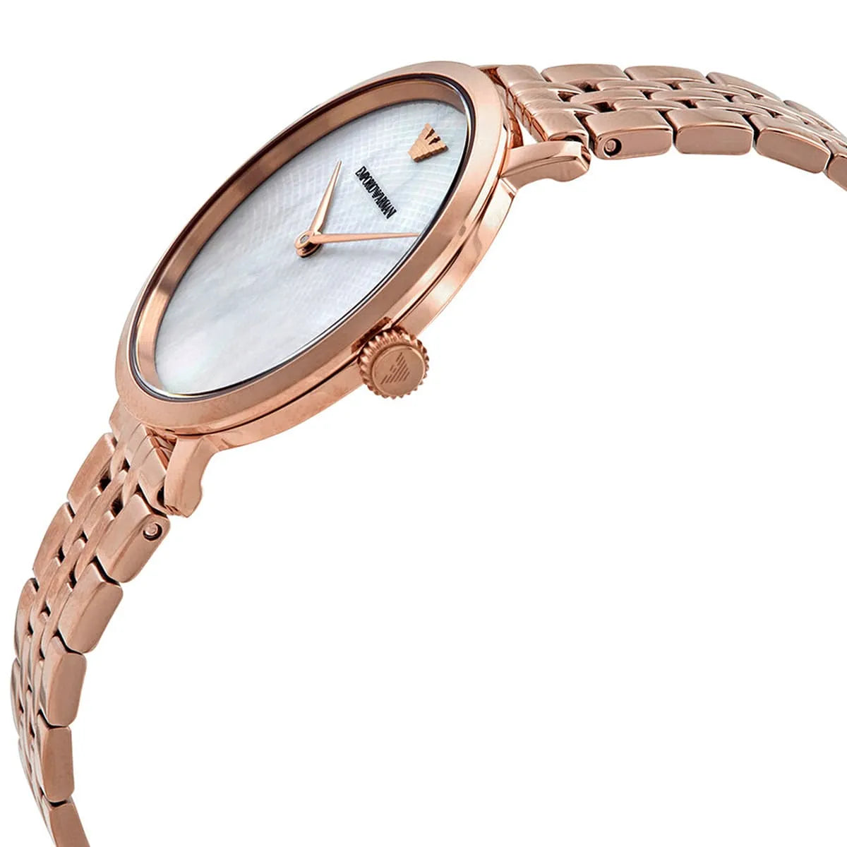 Emporio Armani AR11158 watch side profile showing slim rose gold case and crown