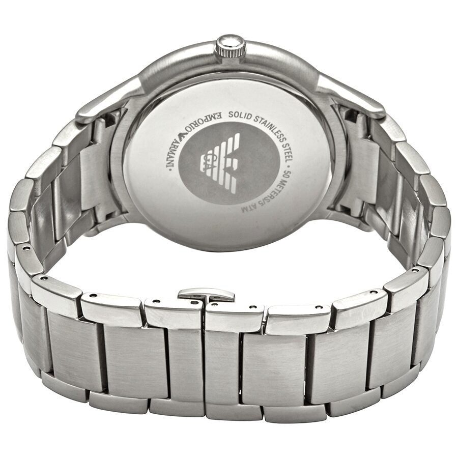 Case back of AR11180 showing stainless steel with Emporio Armani engraving and branding