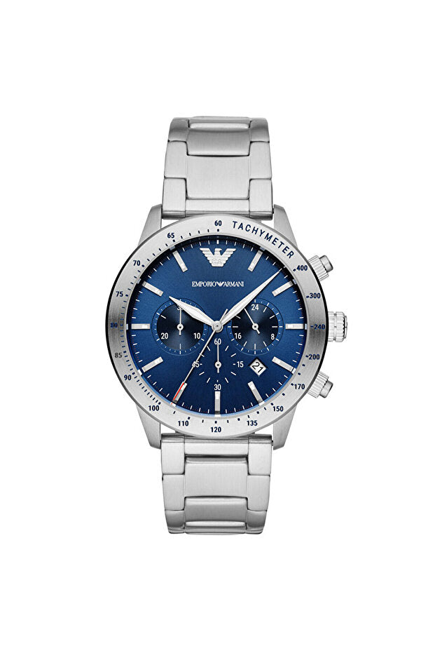 Emporio Armani AR11306 chronograph watch with blue dial and metallic stainless steel case