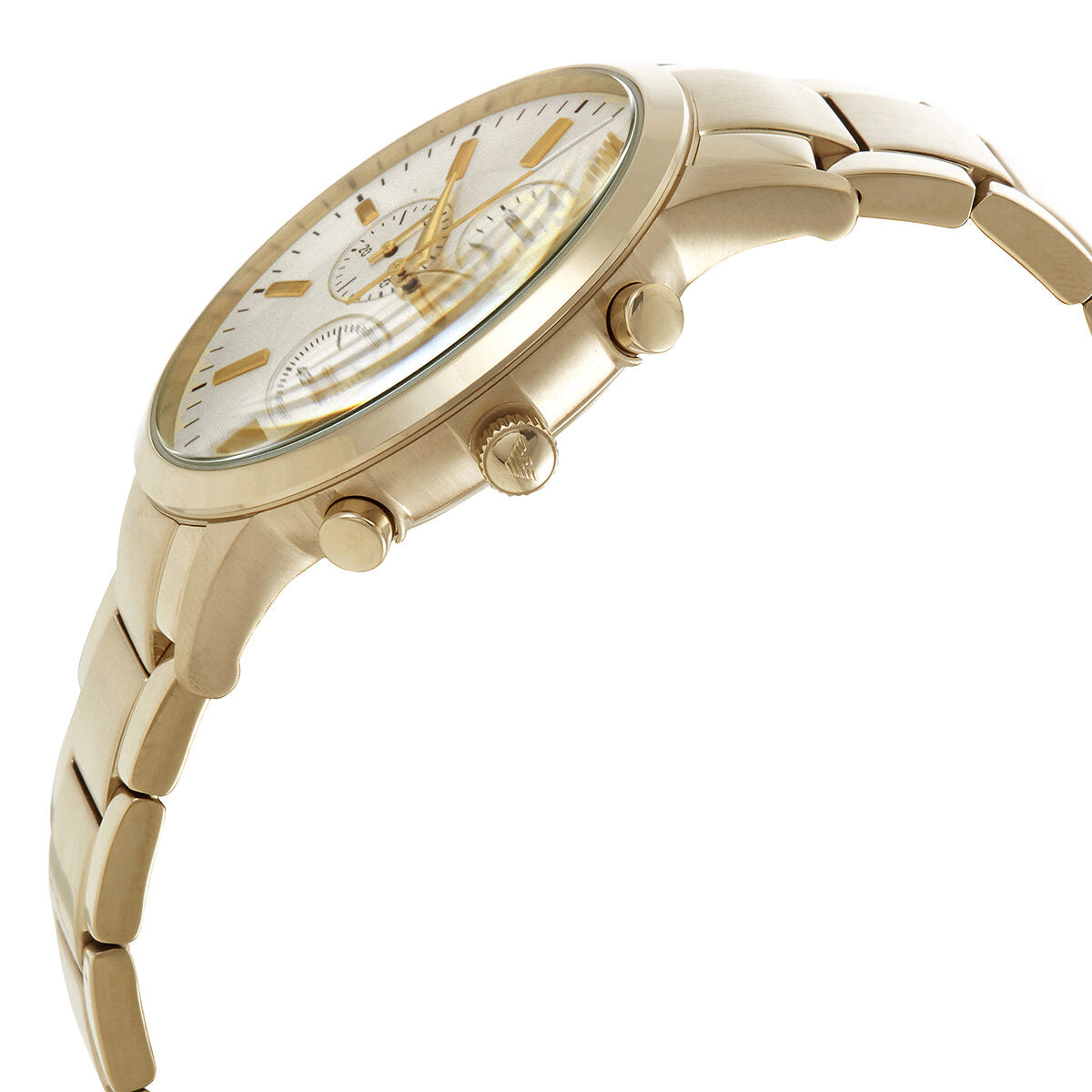 Side angle view of Emporio Armani AR11332 gold chronograph watch with metal bracelet