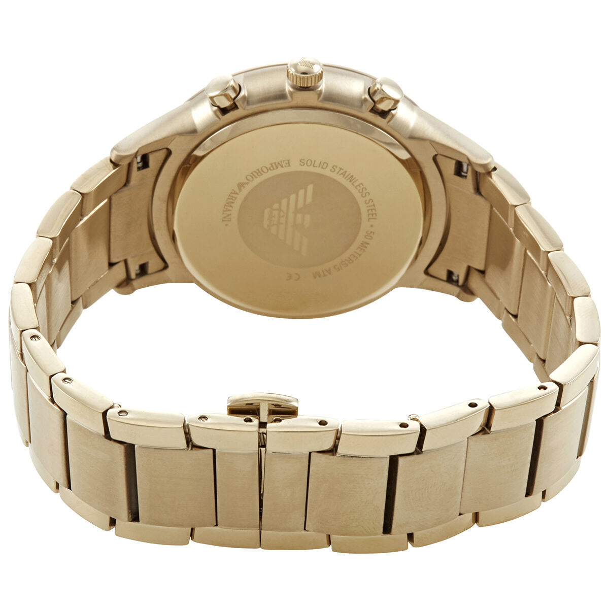 Case back view of Emporio Armani AR11332 gold-tone watch showing eagle logo