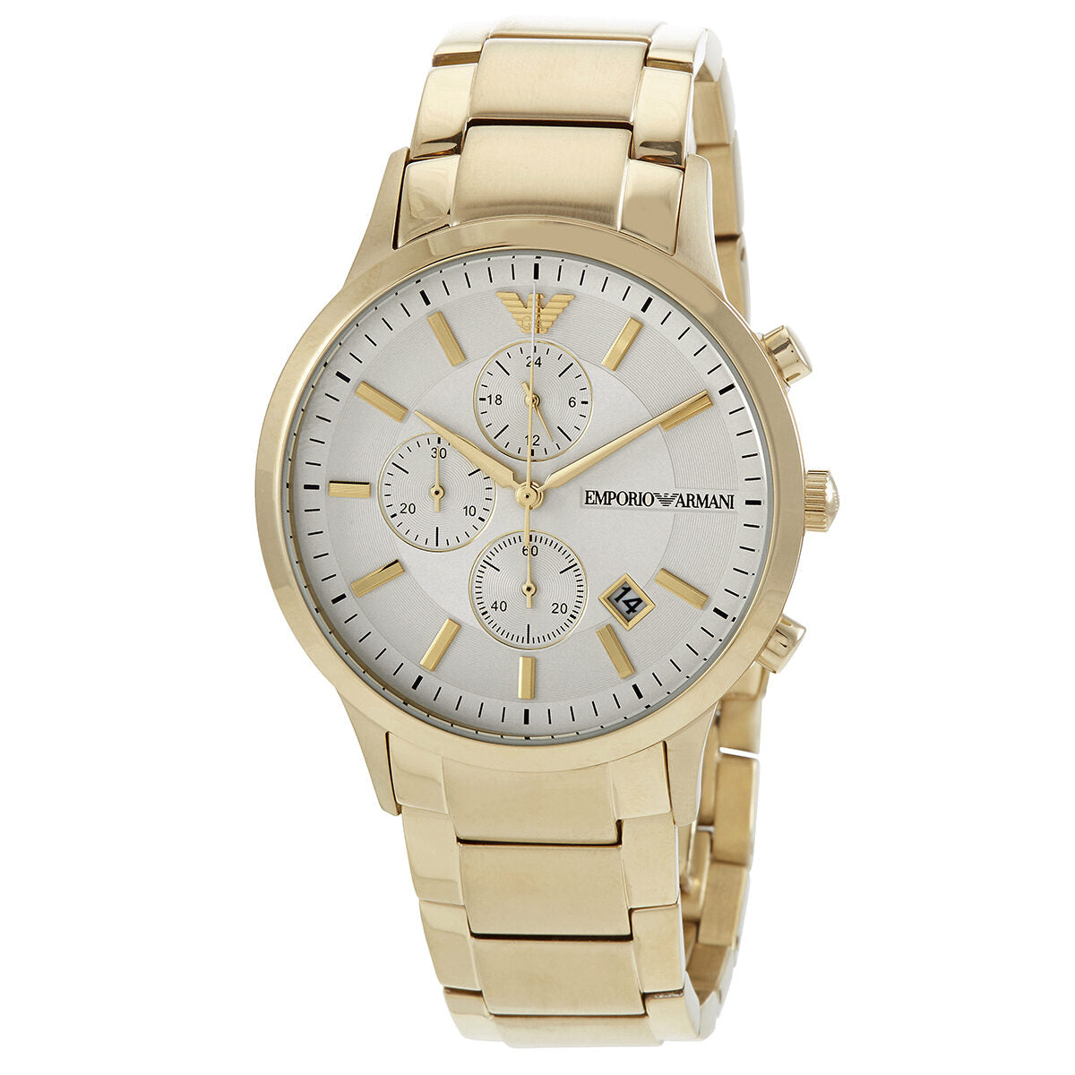Emporio Armani AR11332 gold-tone chronograph watch with white dial and three subdials
