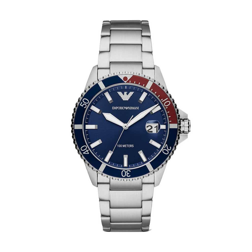 Emporio Armani AR11339 watch with blue dial and red-blue Pepsi bezel