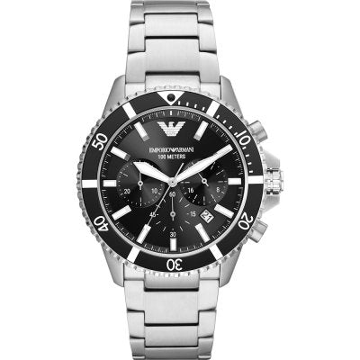 Emporio Armani AR11360 chronograph watch with black dial and stainless steel bracelet