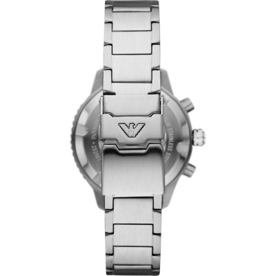 Emporio Armani AR11360 case back showing eagle logo on stainless steel strap