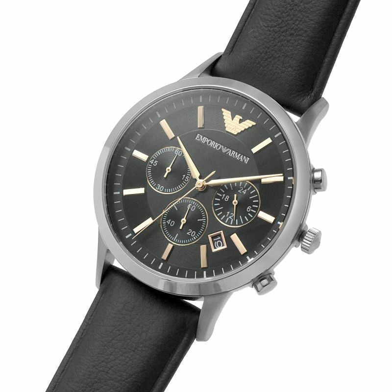 Emporio Armani AR11431 worn on wrist, showing black dial with rose gold chronograph subdials and hour markers, silver case