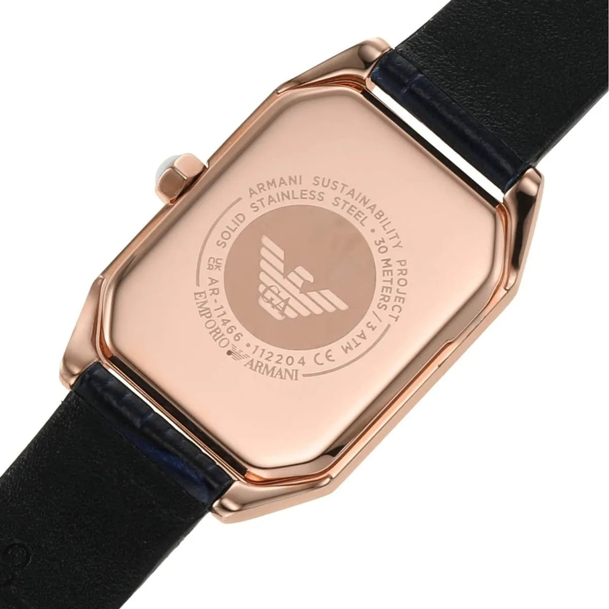 Emporio Armani AR11466 caseback showing rose gold stainless steel and engraved details