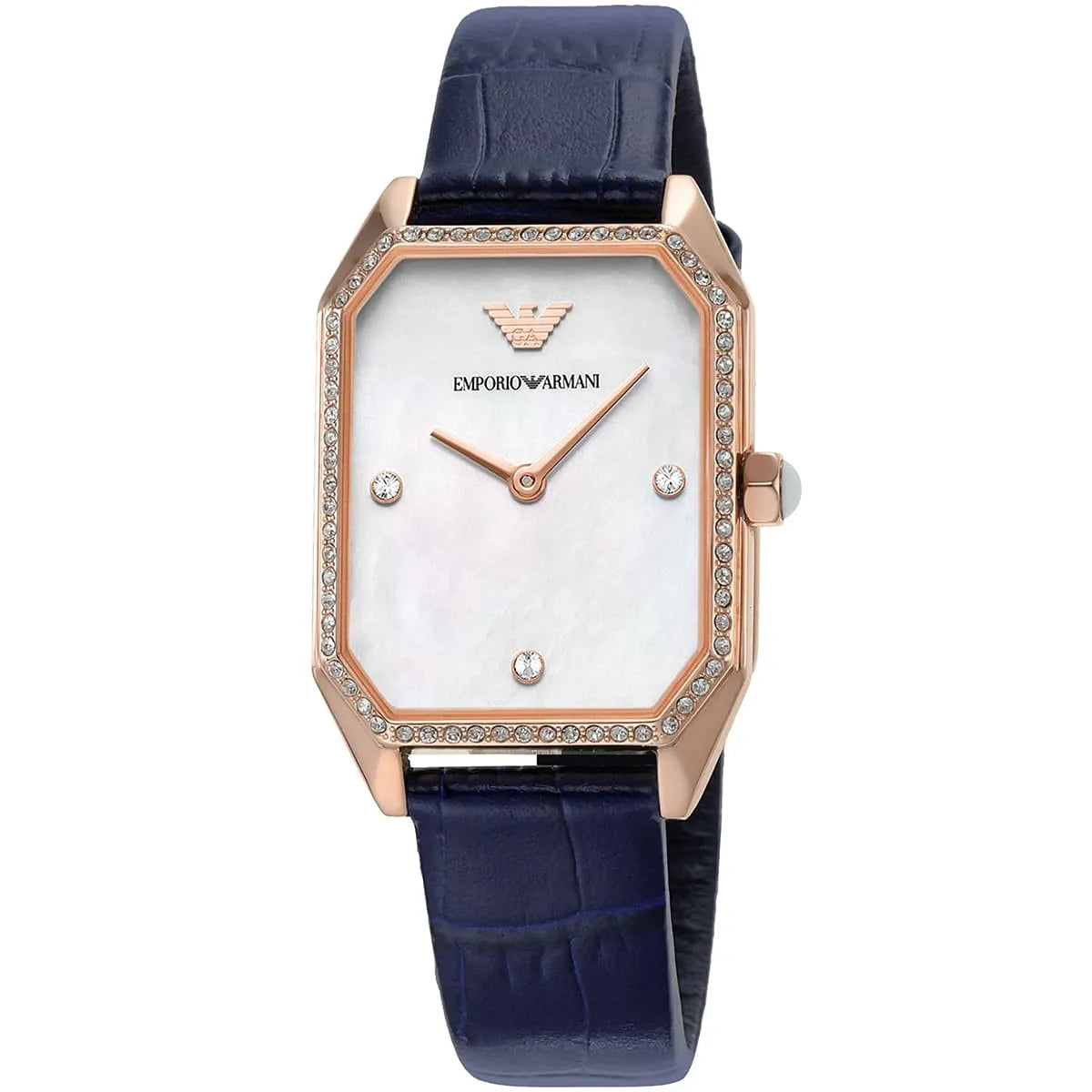 Emporio Armani AR11466 square watch showing white dial with rose gold hands and index markers
