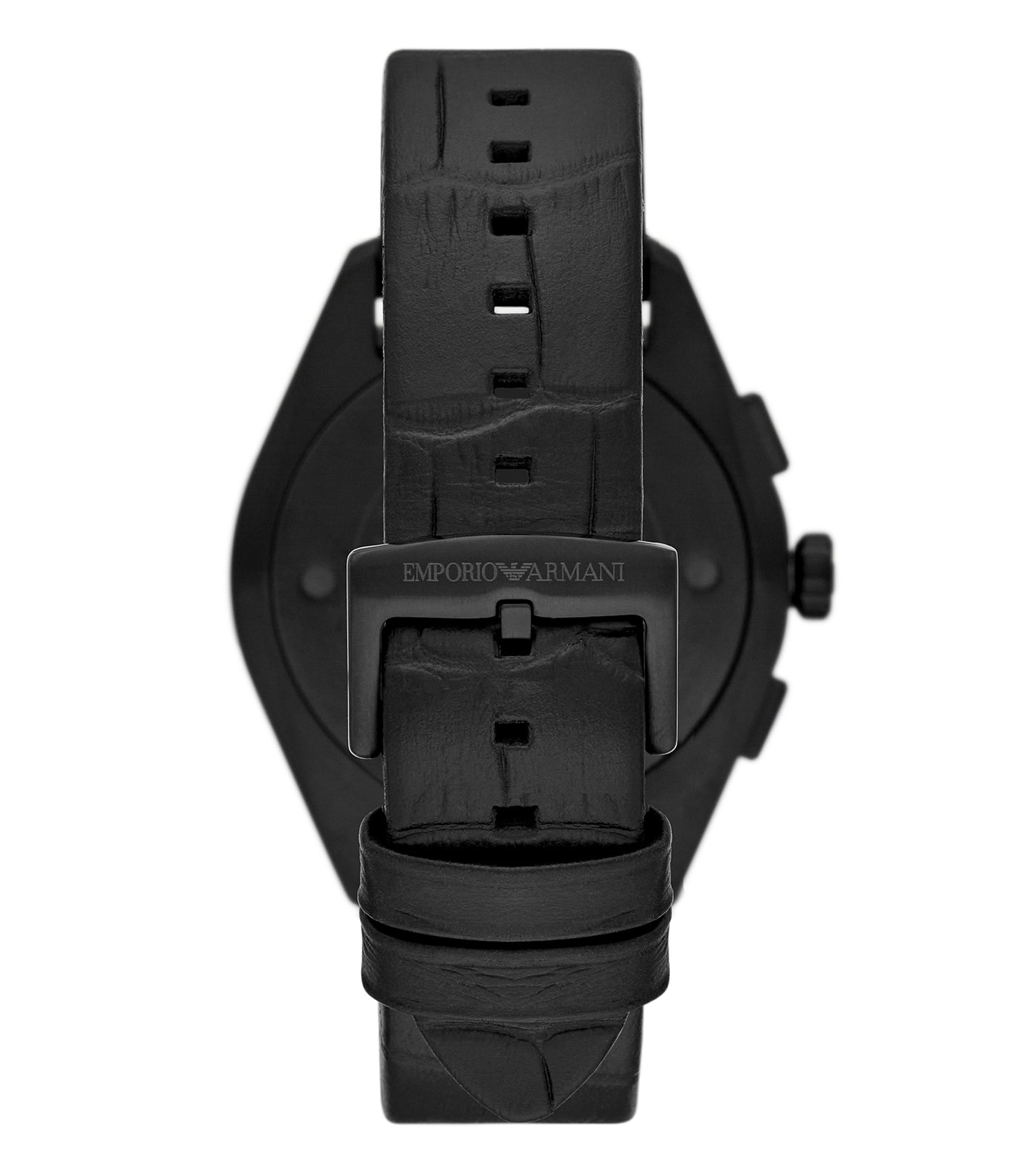Emporio Armani AR11483 chronograph watch side view with black leather strap